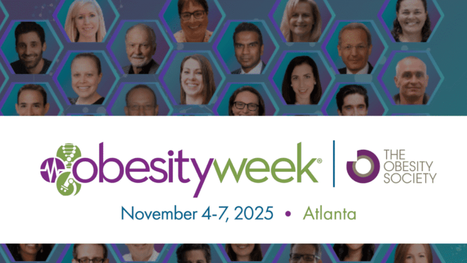 ObesityWeek 2025 poster in green and purple by the Obesity Society. November 4-7 2025. Images of headshots in a hexigon behind